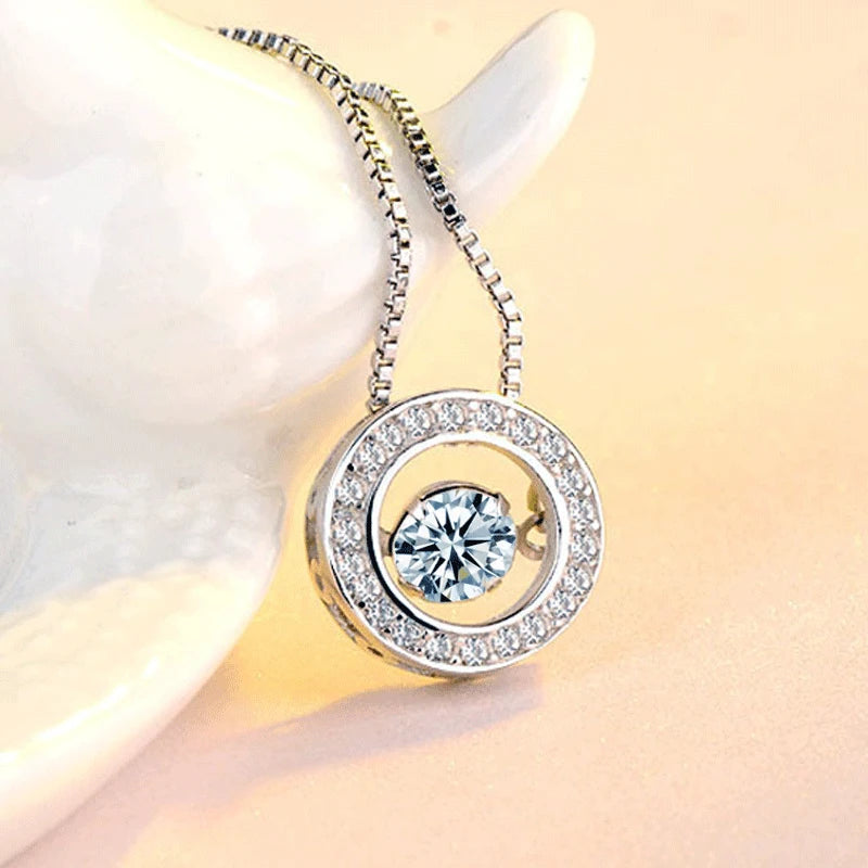 New Fashion Rotatable Will Dance Rhinestone Necklace 925 Sterling Silver Choker Round Zircon Pendant Necklace Women Jewelry Gift