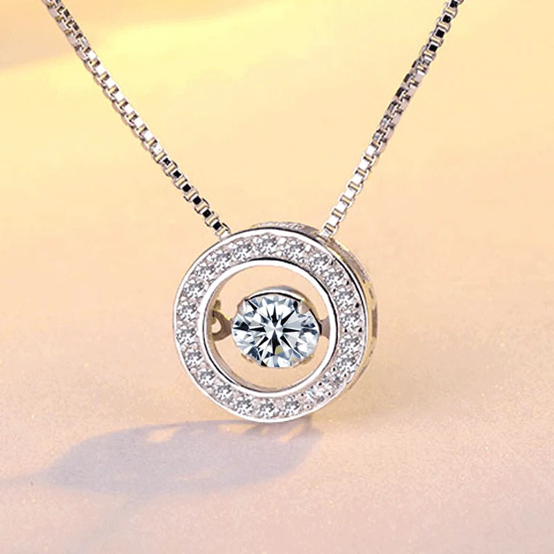 New Fashion Rotatable Will Dance Rhinestone Necklace 925 Sterling Silver Choker Round Zircon Pendant Necklace Women Jewelry Gift