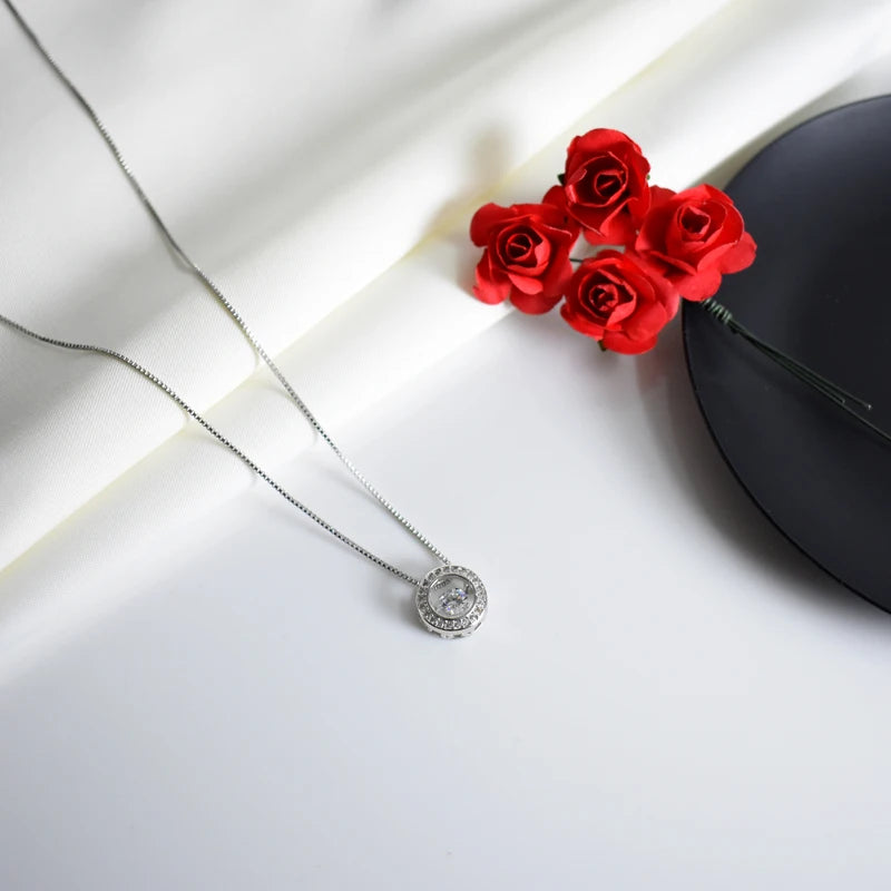 New Fashion Rotatable Will Dance Rhinestone Necklace 925 Sterling Silver Choker Round Zircon Pendant Necklace Women Jewelry Gift