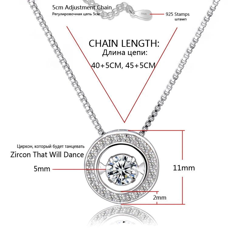 New Fashion Rotatable Will Dance Rhinestone Necklace 925 Sterling Silver Choker Round Zircon Pendant Necklace Women Jewelry Gift